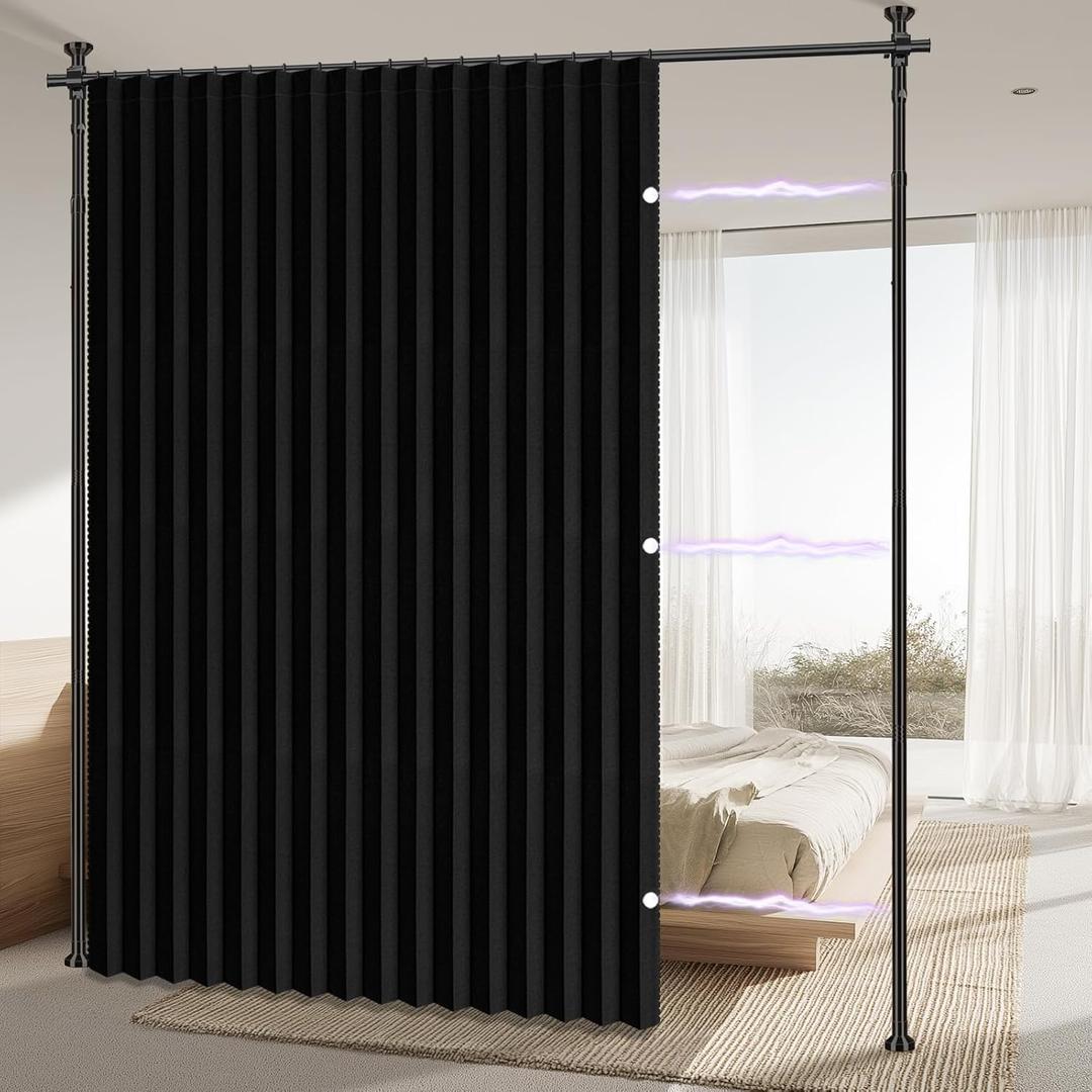 AJAZZ Room Divider Curtain (Black, W100 x L84 in, 1 Panel)+ Tension Curtain Rod No Drilling (H) 43-120(W) 35-100 in, for Privacy/Soundproof Curtains, Heavy Duty Wall Separator