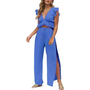 FANCYINN Womens 2 Pieces Outfits Deep V Neck Crop Top Side Slit Drawstring Wide Leg Pants Set Jumpsuits (Medium, Dark Blue)