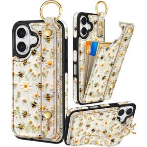 Petitian for iPhone 16 Wallet Case - Women Girls Cute Girly Aesthetic Unique Design Leather Credit Card Holder Cardholder Stand Wristband for iPhone 16, Flower