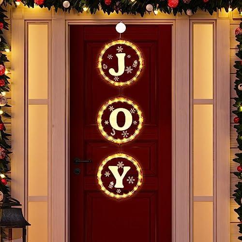 Retisee 3 in 1 Christmas Joy Lights for Front Door, 6.3 Inch Christmas Lights Decorations Battery Operated LED Joy Sign Acrylic Hanging Light for Outdoor Indoor Tree Home Office Shops Holiday