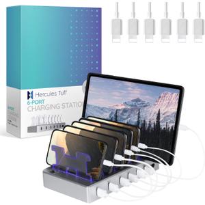 Charging Station for Multiple Devices, with 6 USB Fast Ports, Compatible with Cell Phones, Smart Phones, Tablets, and Other Electronics (Silver)