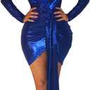 BestGirl Women's Sexy Dress Deep V Neck Long Sleeve Ruched Sparkly Bodycon Club Mini Dresses (Small, Blue)