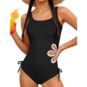 KANGKANG Girls Swimsuit Solid Color Cut Out One Piece Bathing Suit with Chest Pad Adjustable Strap Round Neck Girls' Swimwear, 13-14Y