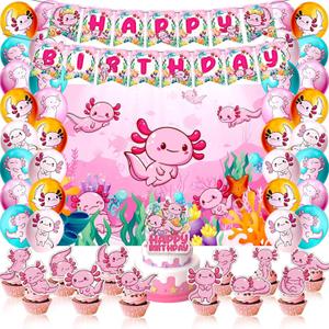 105 PCS Axolotl Birthday Decorations Party Supplies Axolotl Themed Party Decorations Includes Backdrop Banner Cake Topper and Cupcake Topper Stickers for Birthday Party