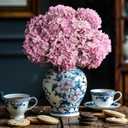 Artificial Flower Fake Silk Hydrangea Heads Bouquet with Stems Bulk for Fall Decoration Table Center Christmas Indoor Outdoor Faux Floral Realistic with Leaves Plants Crafts 8PCS (Pink)