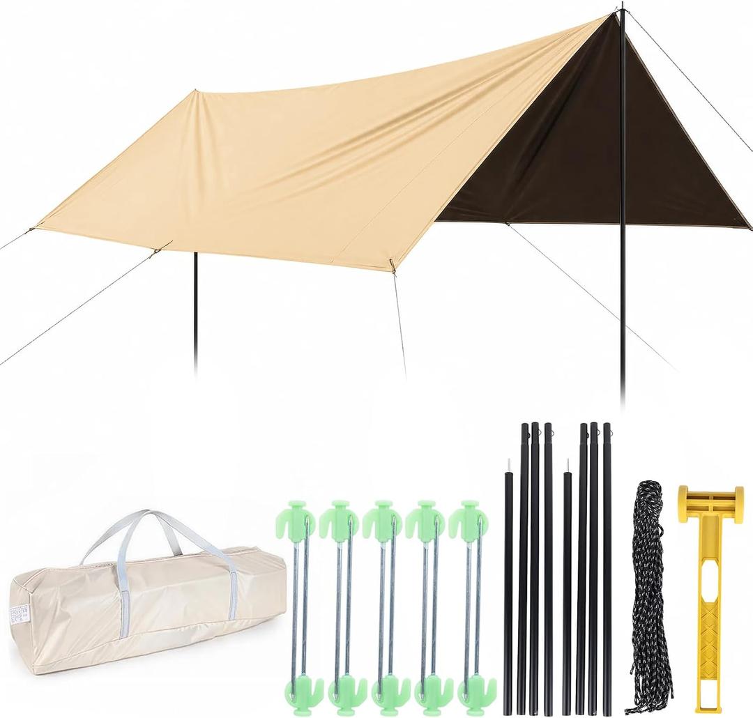 Waterproof Camping Tarp Hammock Rain Fly -14.7×14.7ft with 2 Poles, Tent Blackout UV Protection & Waterproof & Lightweight Tarp, for Camping, Outdoor, Traveling, Hiking (Quadrilateral, Gold), E-4.5x4.5m