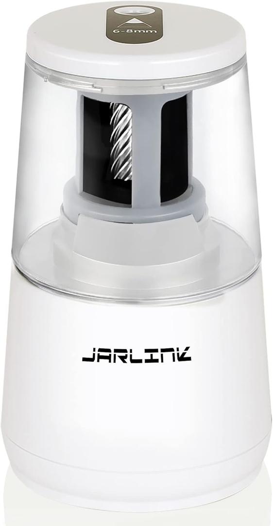 JARLINK Electric Pencil Sharpener, Heavy-Duty Helical Blade to Fast Sharpen, Auto Stop for No.2/Colored Pencils(6-8mm), AC Adapter/Battery Operated in School Classroom/Office/Home (White)