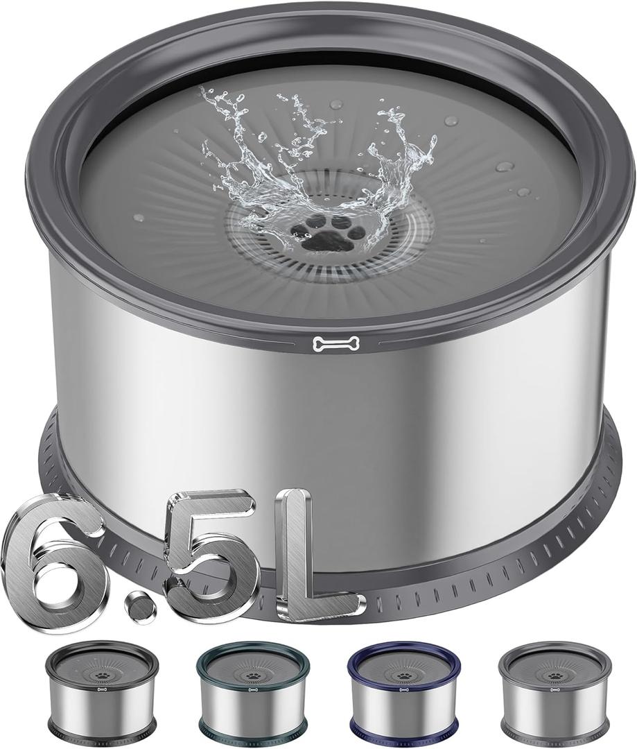 1.6 Gallon Dog Water Bowl, 6.5L/220oz Stainless Steel No Spill Water Bowl for Large Dogs, Super Large Capacity Splash Proof Pet Slow Drinking Water Bowl with Anti-Slip Mat for Mess Drinkers (Grey)