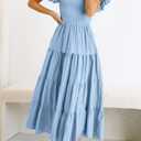 PRETTYGARDEN Women's Casual Summer Midi Dress Puffy Short Sleeve Square Neck Smocked Tiered Ruffle Dresses (Blue, XL)