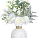 FOTEEWL Artificial Flowers with Ceramic Vase,Faux Silk Roses and Fake Plant Eucalyptus in Vase for Centerpiece Table Decorations, Living Room,Dining Table,Fireplace,Office,Farmhouse,Home Decor(White)