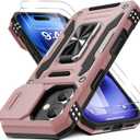 DEERLAMN Case for iPhone 17 6.3-Inch with Slide Camera Cover + Screen Protector (2 Packs), Rotated Ring Kickstand Military Grade Shockproof Protective Cover-Rose Gold