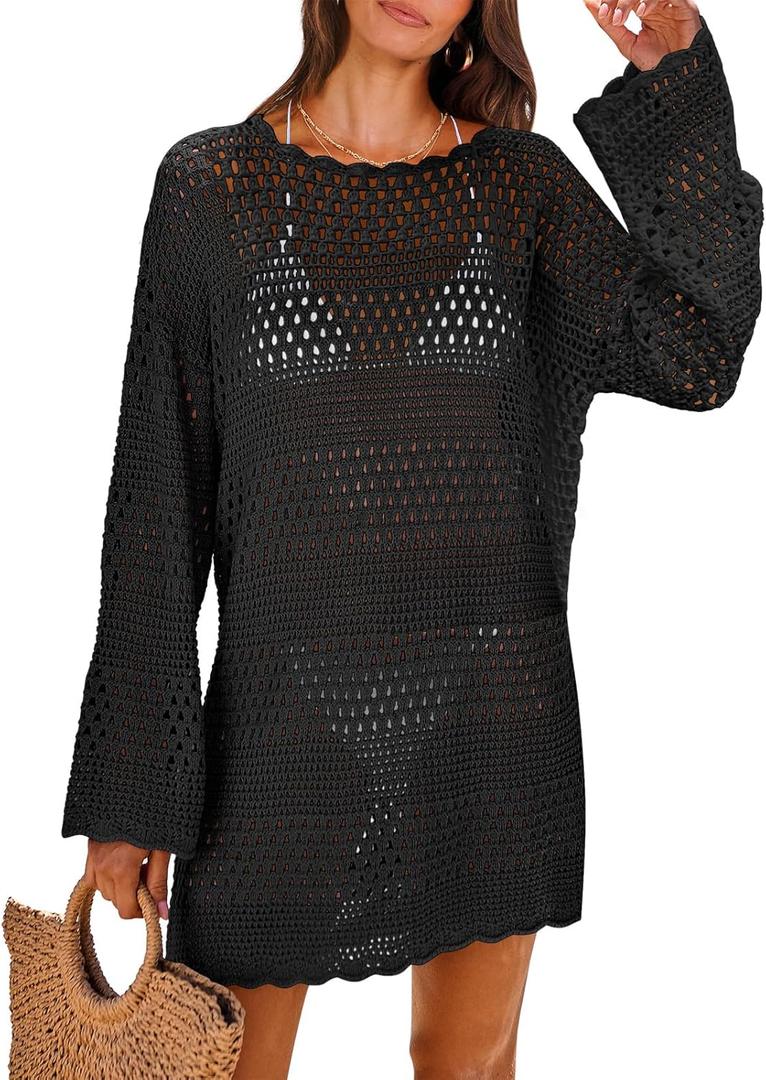 ANRABESS Women Swimsuit Crochet Swim Cover Up 2026 Summer Bathing Suit Swimwear Mesh Knit Beach Dress Vacation Outfits (Medium, Black)