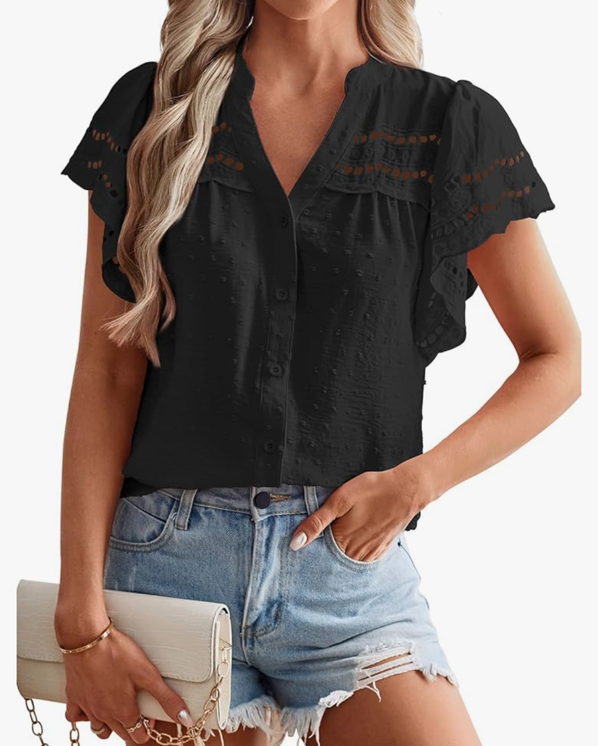 Womens Swiss Dot Summer Tops Button Down V Neck Blouses Eyelet Flutter Short Sleeve Shirts Boho Embroidered Dress Size XL