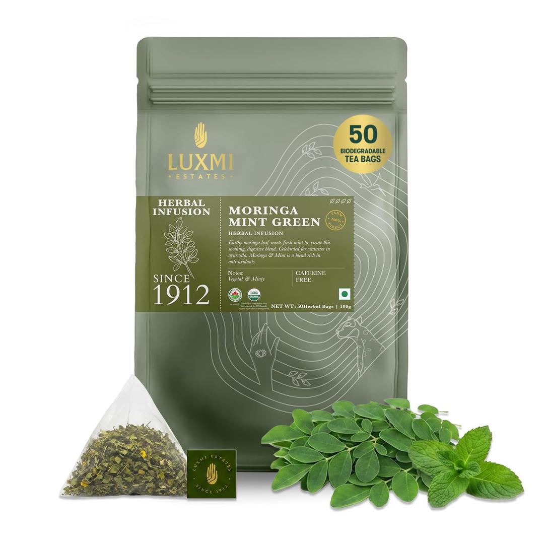 Luxmi Estates Moringa Mint Herbal Tea, 50 Biodegradable Pyramid Tea Bags (100g, 3.5oz) | USDA Organic Moringa Oleifera Leaf with Spearmint | Caffeine-Free Superfood Infusion, Vegan & Non-GMO Bulk Pack (EXP 01/28/27)