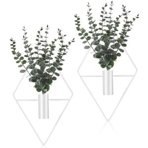 Jexine Hanging Planters with Artificial Eucalyptus Metal Hanging Vase Indoor Plants Holder Modern Geometric Boho Bathroom Wall Decor for Living Room Home Office (White,4 Pcs)