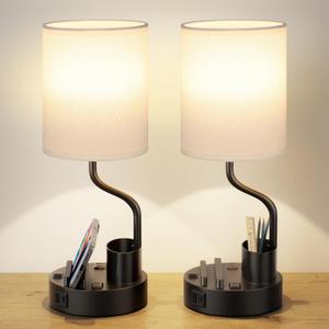 White Bedside Table Lamps for Bedroom Set of 2 - Nightstand Light with AC Outlet and USB A & C for Charging, 3 Color Temperatures Desk Lamp with Pen Holder & Phone Stand for Living Room/Dorm/Office