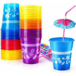 4E's Novelty 48 Packs Tropical Party Cups with Parasol Straws - Disposable Plastic Cups 16oz BPA free, for Hawaiian Luau Party and Pool Parties, Beach Theme Birthday Decorations for Kids & Adults