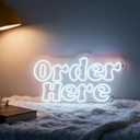 Order Here White LED Neon Sign, Business Bar Shop Restaurant Cafe Store Food Truck Counter Service Area Sign, USB Powered Dimmable Decorative Neon Light for Wall Table Window Door Decor 18.9 x 9.8 In