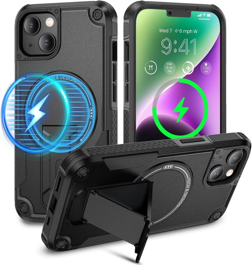 Caka for iPhone 13 Case & iPhone 14 Phone Case [Compatible with Magsafe] [Built-in Invisible Stand] [Heavy Duty Drop Protection] Shockproof Rugged Protective Magnetic Cover Accessories Black