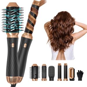 6 in 1 Hair Dryer Brush, Upgrade Detachable Blow Dryer Brush Air Styler Wrap Air Curler, Curly Twist Hot Curling Iron, Negative Ion Blow Dryer Hot Styler, Travel Hair Styling Tool (Black Gold)
