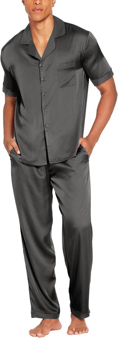 Ekouaer Men Satin Silk Pajamas Set 2 Piece Button Down Sleepwear Long Pants Loungewear with Pockets (X-Large, Dark Gray)