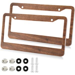 Kigai Brown Wood Pattern License Plate Frames 2PCS Car License Plate Holder with Screw Caps Cover Set Automotive Parts Decoration for US Vehicles (A4)