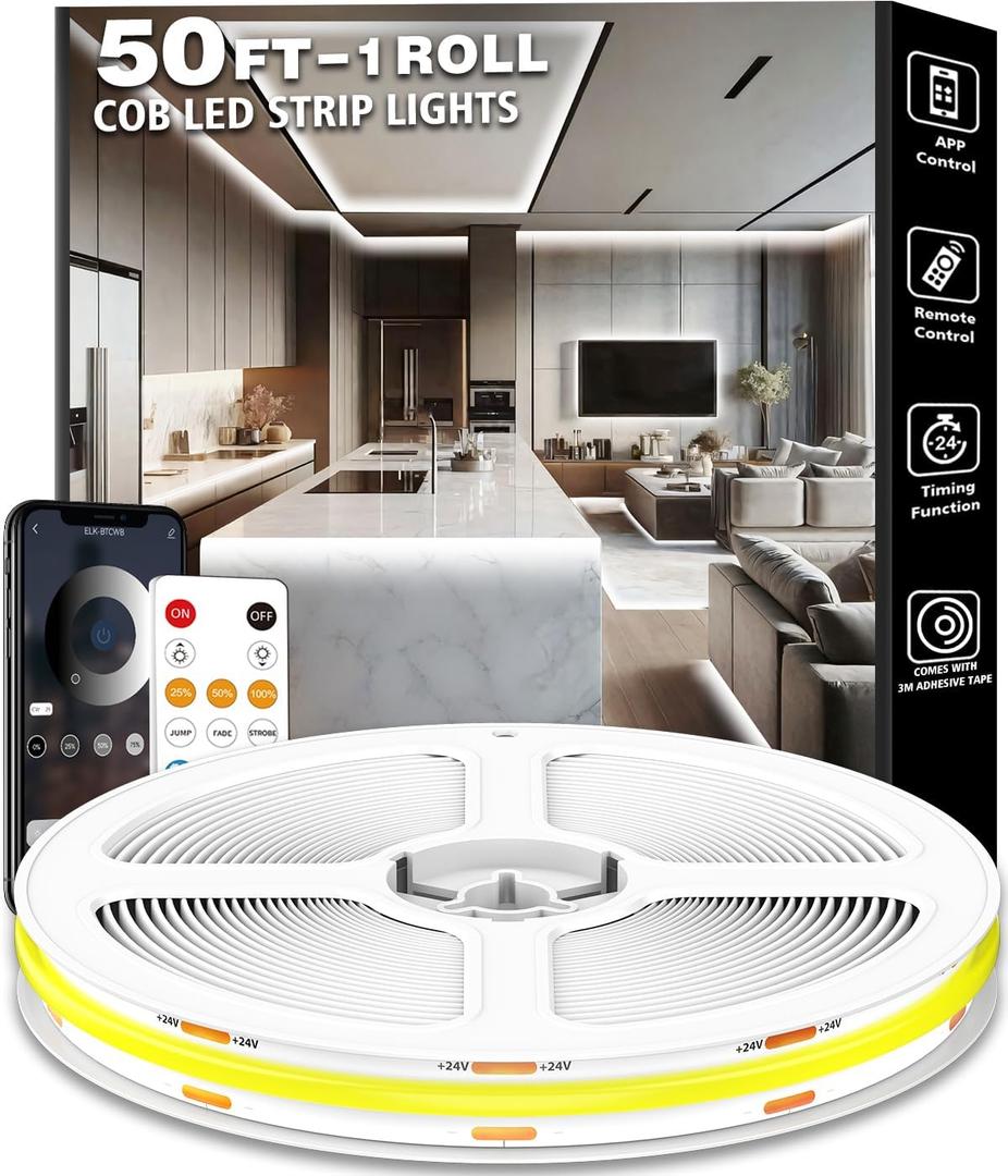 50FT COB Led Strip Lights, Uniform 6500K COB Rope Light,Bright Daylight White Lights,High Density,App/Remote Control,Indoor 24V Cuttable Cabinet Lights for Bedroom,Bookshelf,Showcase,Kitchen