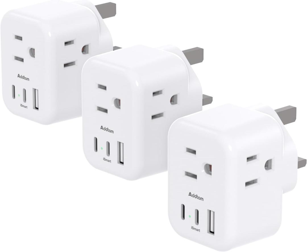 US to UK Plug Adapter 3 Pack, Addtam Type G Travel Plug with 3 Outlets 3 USB Ports(2 USB C), UK Power Adaptor for USA to England London British Ireland Scotland Dubai Hong Kong Kenya