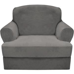 CUCRAF T Cushion Sofa Cover 2 Piece Armchair Slipcovers, Soft Thick Velvet Couch Cover for Living Room, Washable High Stretch Furniture Protector with 1 Cushion Chair Slipcover (Chair, Grey)