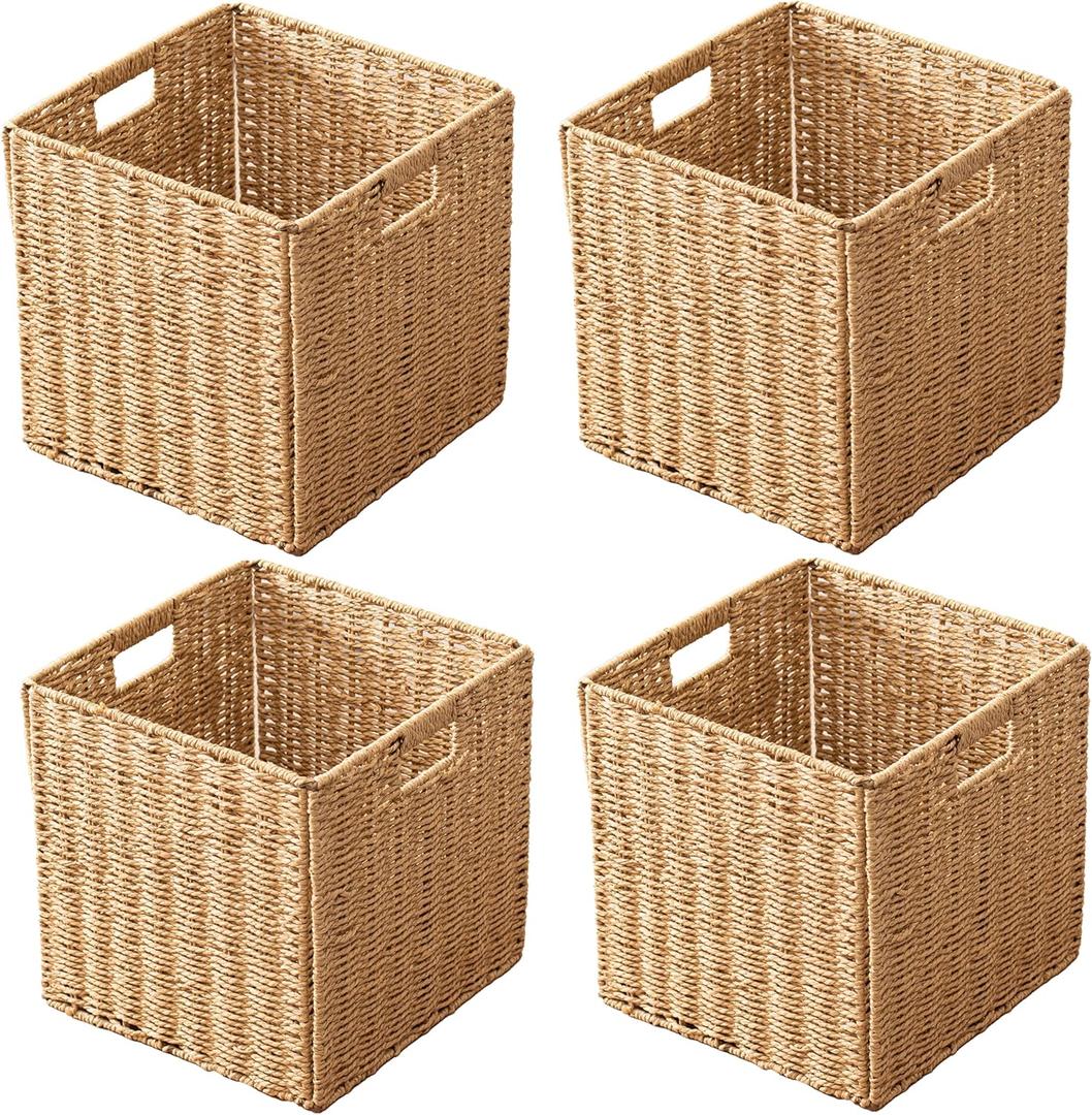 11x11x11 Cube Storage Bins Set of 4, Storage Baskets for Shelves, Natural