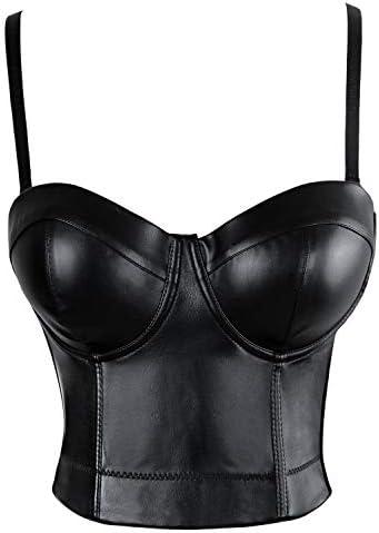 Charmian Women's Spaghetti Straps PU Leather Bustier Crop Top, Large