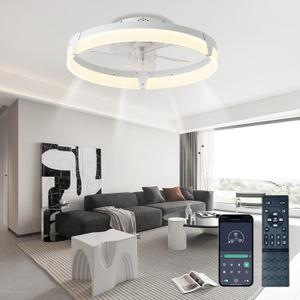 20″ Ceiling Fans with Lights and Remote, New Upgraded Low Profile Ceiling Fan, Dimmable Modern Flush Mount LED Ceiling Fan, Ultra Quiet 3CCT Ceiling Fans for Bedroom, Living Room, White