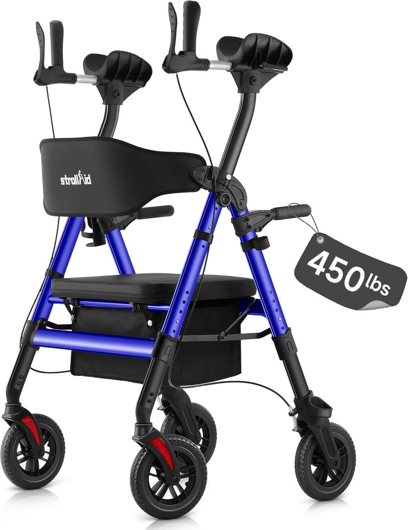 Upright Walkers for Seniors, 450 lb Heavy Duty Stand Up Rollator Walker with Adjustable Soft Sponge Armsupport & Seat, Tall Standing Folding Rolling Walker with 8'' Wheel, Blue