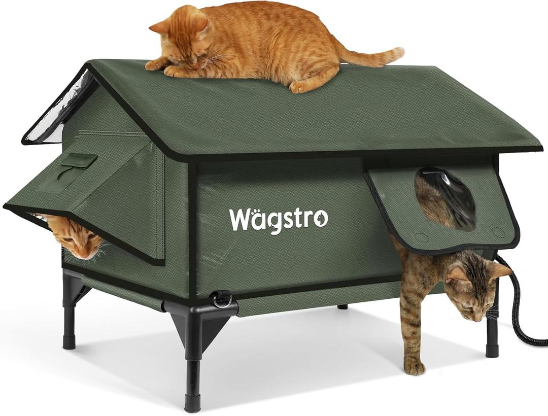 Gable Heated Cat House for Outside Cats in Winter, 100% Waterproof, Escape Door, Elevated, Insulated Outdoor Cat House Shelter with Heater for Feral Cat (Olive Green, 24"x16"x19")