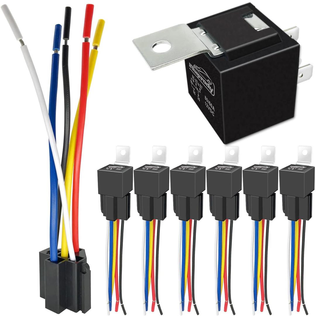 irhapsody 80/60Amp 12V 5-pin Relay Kit, SPDT 12-Volt Automotive Relay with Heavy-Duty Pigtail, 6-Pack