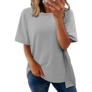 KISSMODA Business Casual Tops for Women Short Sleeve Shirts Comfy Plus Size Summer Outfits Solid Preppy Teen Girl Clothes Loose Crewneck Tees, Light Grey, Size: M