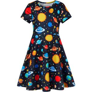 RAISEVERN Little Girls Dress Short Sleeve Casual Kids Summer Sundress for 2-9 Years (4-5T, Universe 1)