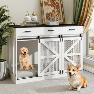 kepptory 48 Inch Large Dog Crate Furniture with 3 Storage Drawers, Wooden Pet Kennel with Removable Divider, Dog Kennel End Table TV Stand, Farmhouse Style Dog Crates with Sliding Barn Door (White)