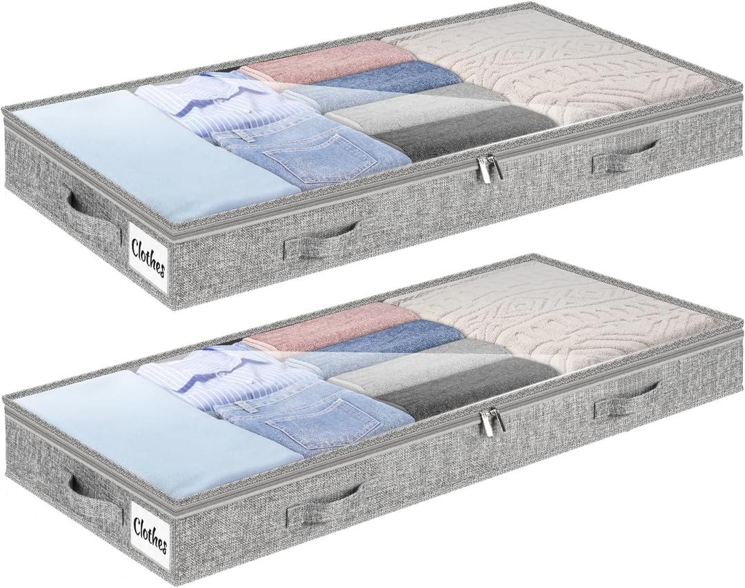 4 Inch Low Profile Under Bed Storage Drawer 2 Pack, Lightweight  Underbed Clothes Storage Container Bins with NO STURCTURE, Shallow Storage Bag for Dorm & Home, With Clear Lids & Water-Resistant Fabric