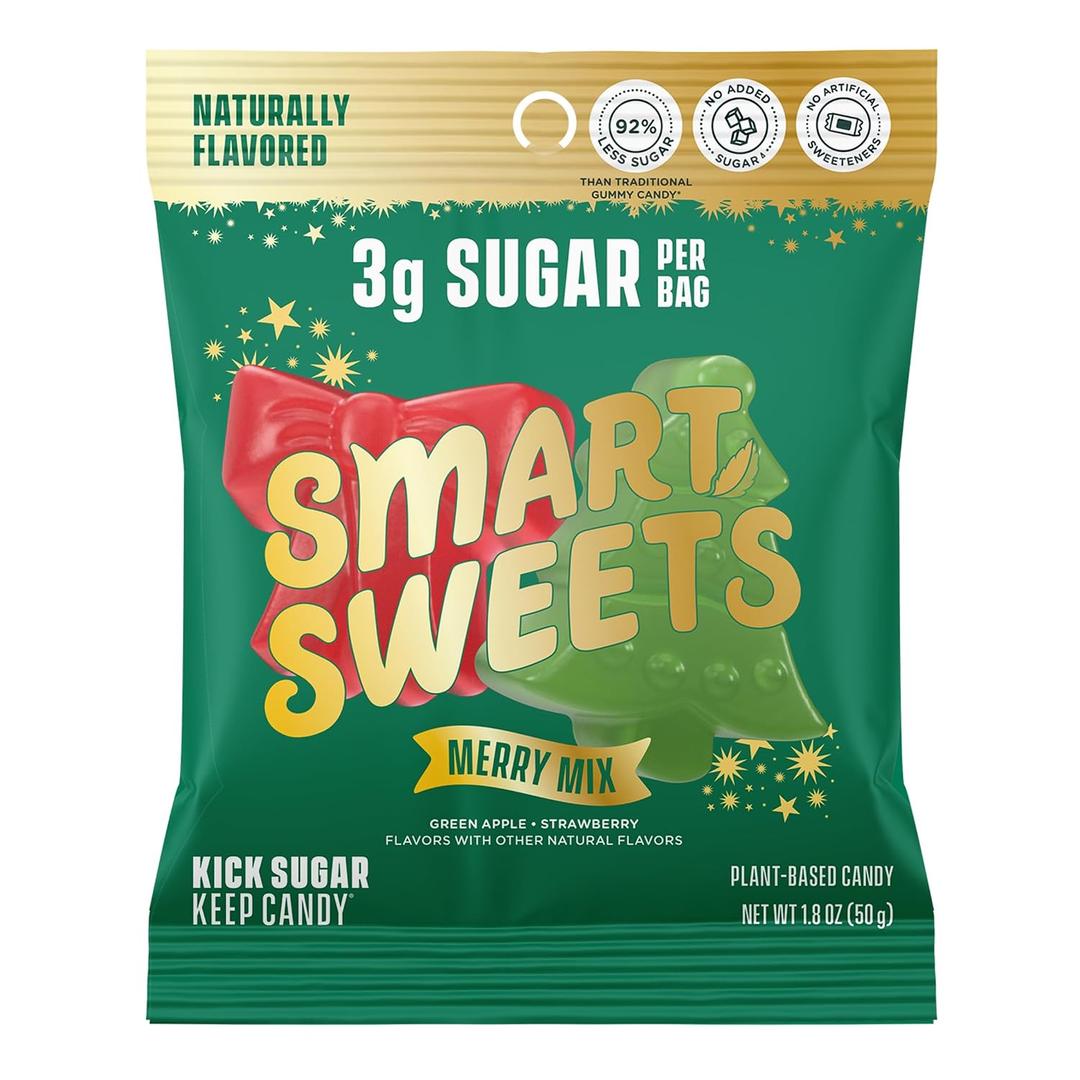 SmartSweets Merry Mix Christmas Candy, Gluten Free Gummies, Plant Based, Healthy Snacks for Adults & Kids, Stocking Stuffers, Fun Chewy Candy, Green Apple & Strawberry, 50g Bags, 14 Pack, BBD  08/02/2026