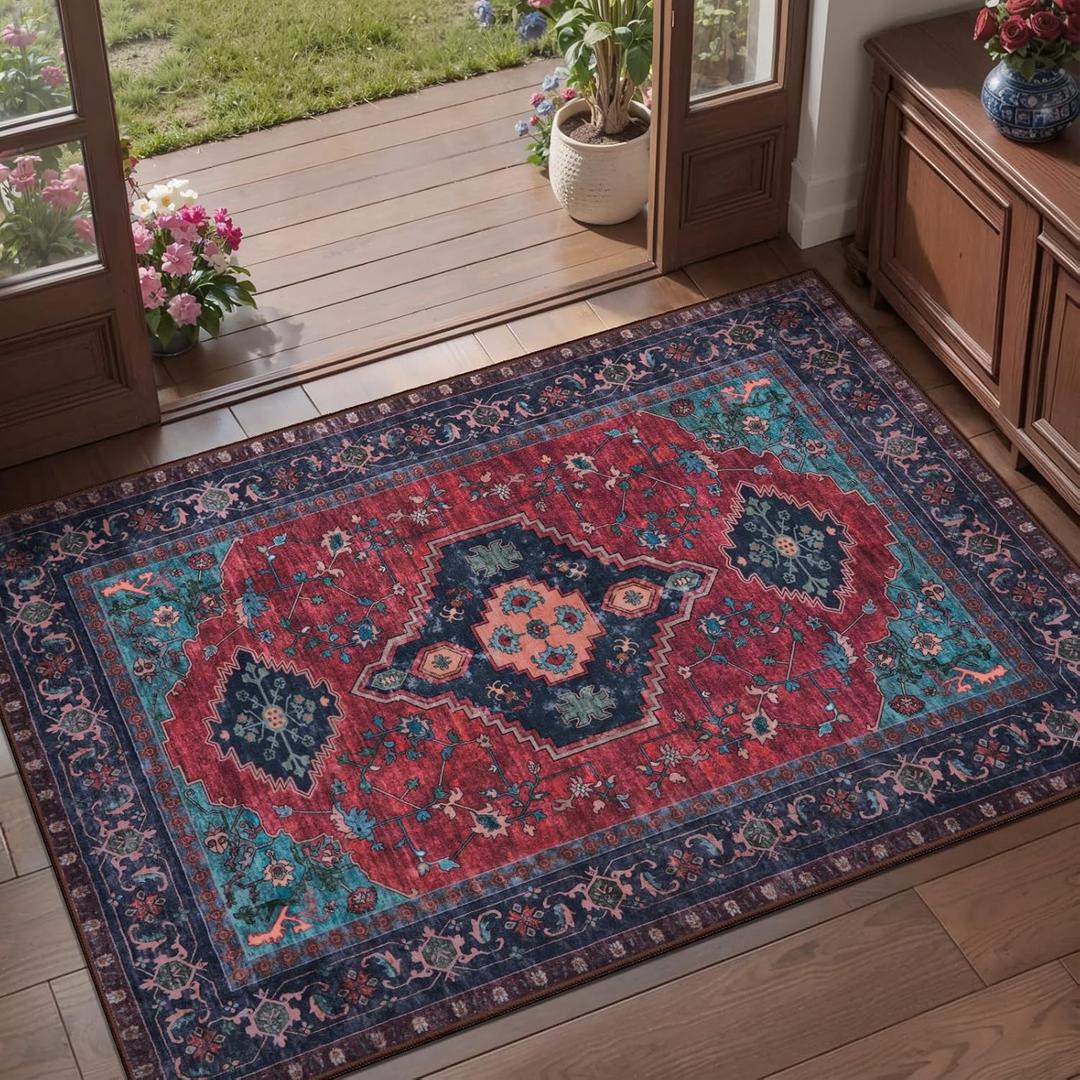 Tangsoo Washable Entryway Rugs 2x3 Vintage Non Slip Small Area Rug, Indoor Front Door Rug, Print Distressed Door Mat Indoor Entrance Soft Low Pile Throw Rug for Entry Kitchen Bedroom Burgundy/Navy