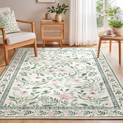 SHACOS 5x7 Floral Area Rugs for Living Room, Machine Washable Vintage Boho Rugs for Bedroom, Non Slip Soft Floral Low-Pile Nursery Carpet for Kids Room Dining Room Entryway Indoor, Green