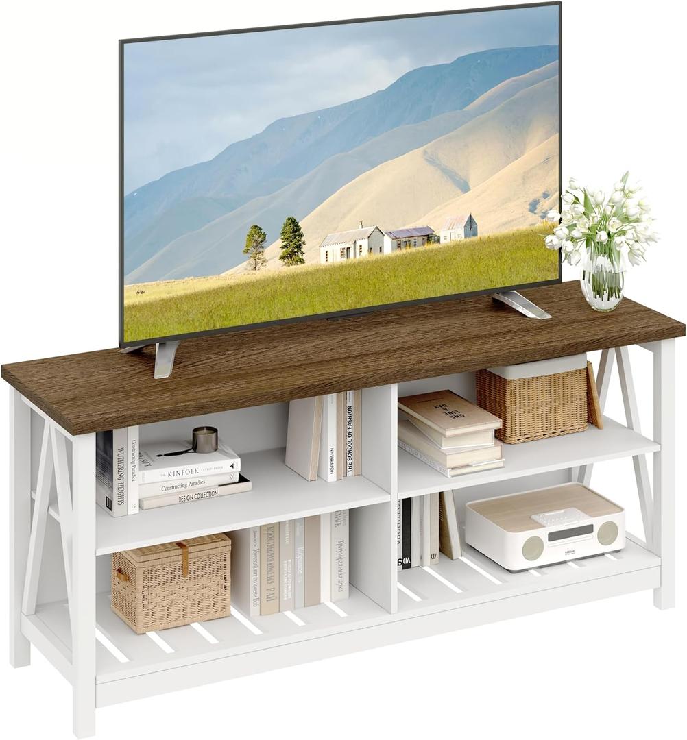 ChooChoo Farmhouse TV Stand for TVs up to 55 Inch, Modern Entertainment Center with 4 Open Shelves & Built-in Cable Holes, Media TV Console for Living Room, Bedroom, White