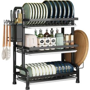 KUK 3 Tier Dish Drying Rack, Stainless Steel Over The Sink Dish with Drain Tray, Kitchen Dishes Drying Racks, Dish Racks for Kitchen Counter Storage (Black)