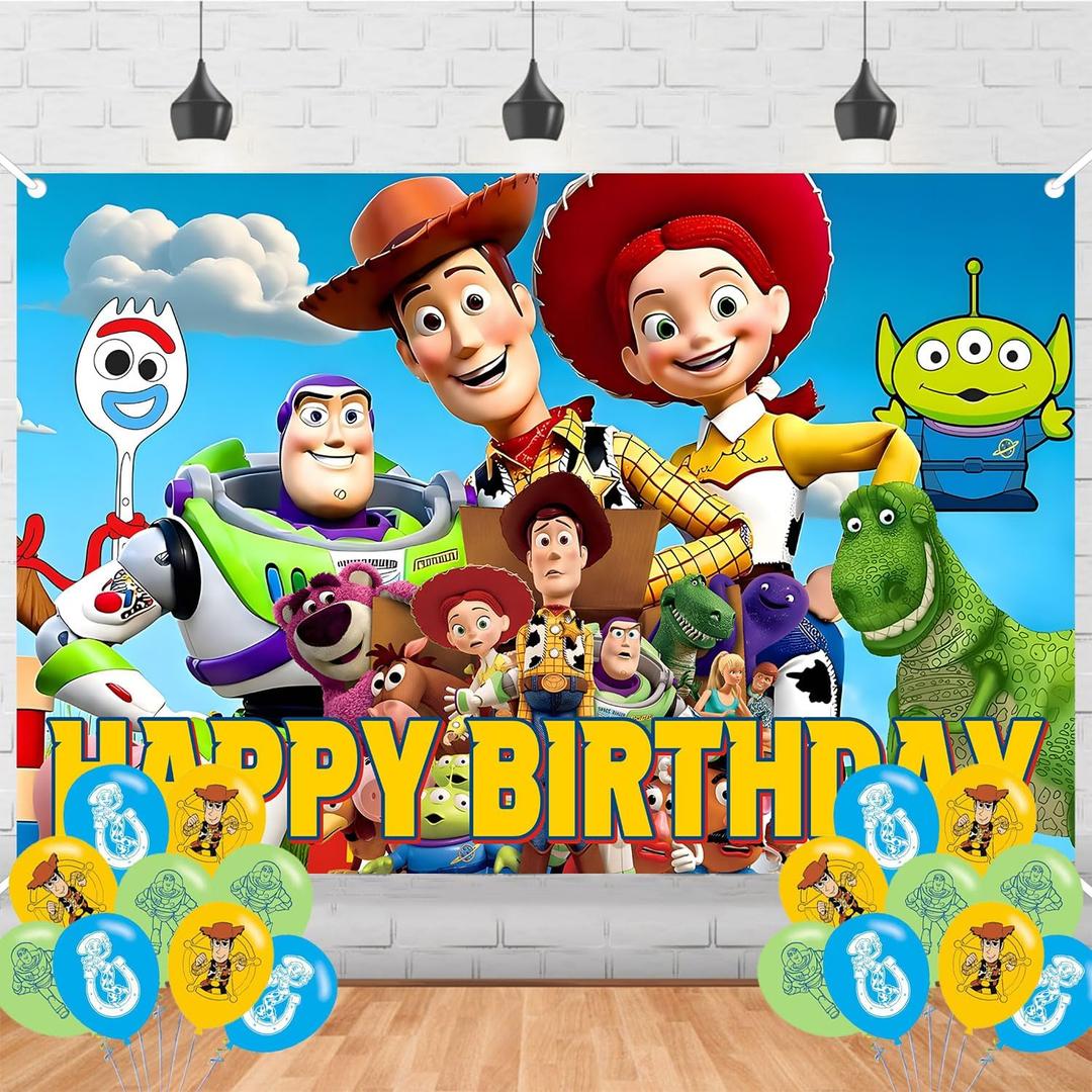 Toy Inspired Story Happy Birthday Backdrop Toy Inspired Story Banner Poster for Cartoon Theme Party Decorations Toy Inspired Story Birthday Supplies Background Studio Shoot Photo Props Booth