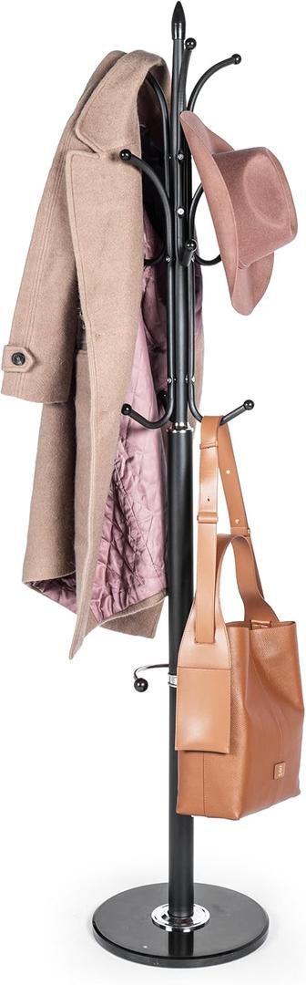 Modern Metal Coat Rack with Sturdy Natural Marble Base for Coat, Jacket, Hat, Cloths, Bags - Freestanding Coat Stand with 12 Hooks & Umbrella Holder for Entryway, Hallway, Corner, Office, 12"D x 12"W x 70"H