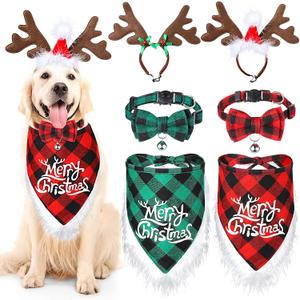 6 Pieces Christmas Dog Bandana Bow Tie with Reindeer Headband Costume Xmas Buffalo Plaid Pet Triangle Scarf Bib Adjustable Bowtie Collar for Dogs Cats Pets Christmas Decoration (Red, Green,Cute Style)