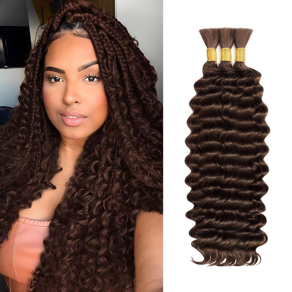 24 Inch Brown Human Braiding Hair for Boho Braids Deep Wave Bulk 3 Bundles #4 Deep Wave Bulk Human Hair for Braiding 150g