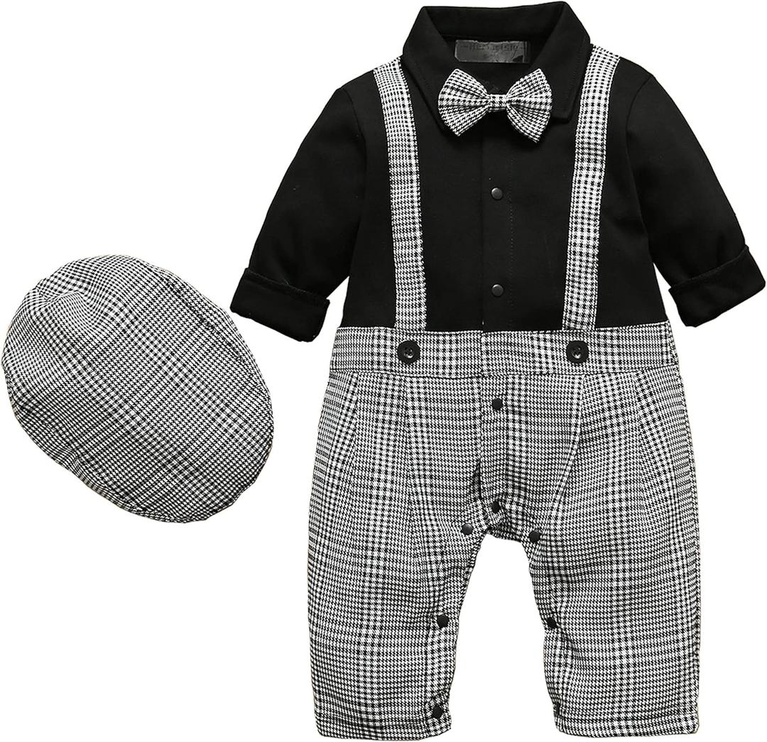 HMD Baby Boy Long Sleeve Gentleman White Shirt Waistcoat Bowtie Tuxedo Onesie Jumpsuit Overall Romper (3-6 Months, 2116black)