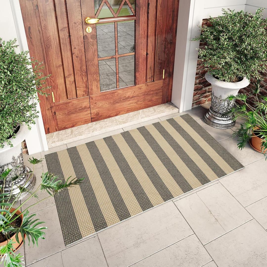 LEEVAN Outdoor Patio Rug 3x5, Washable Striped Front Porch Mat, Spring Colorful Outside Entryway Rug, Woven Welcome Doormat Tan and Black Buffalo Backyard Layered Mat for Entrance/Go Away/Deck